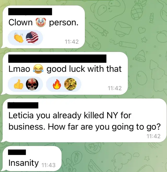 Subscribers to a pro-Trump channel on Telegram react to a clip of the New York attorney general's annoucement with comments like "clown person" and "Leticia, you've already killed NY for business, how far you going to go?"