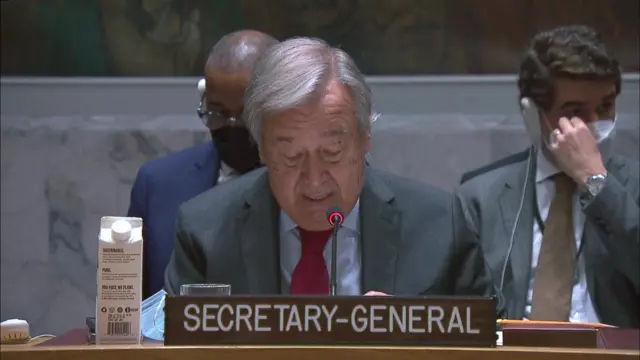 UN Secretary General Antonio Guterres speaking at a Security Council meeting in New York