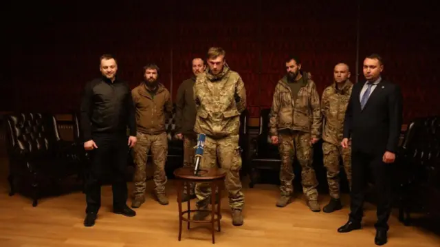 Commanders who were also captured after being part of the mission to defend Ukraine's Azovstal steel plant in Mariupol speak with President Zelenskiy via video link after pbeing freed