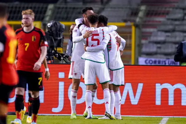 Wales celebrate Kieffer Moore's goal