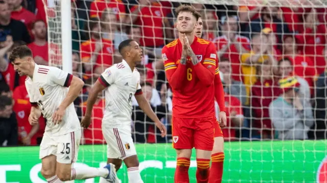 Wales v Belgium from the game in Cardiff, Joe Rodon looking annoyed