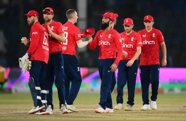 England celebrate beating Pakistan in third T20 in Karachi