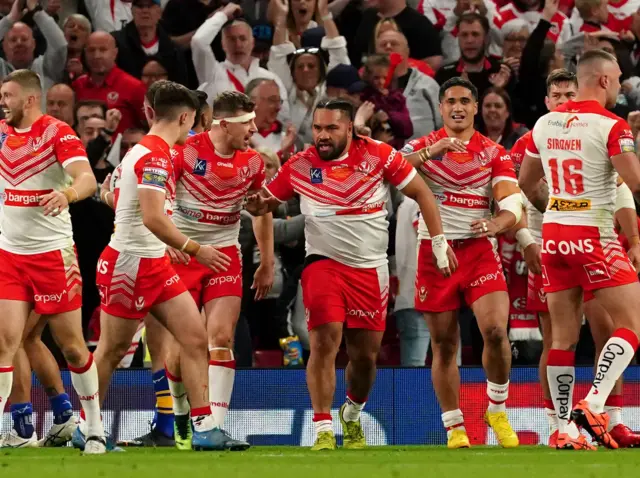 St Helens celebrate Konrad Hurrell's try