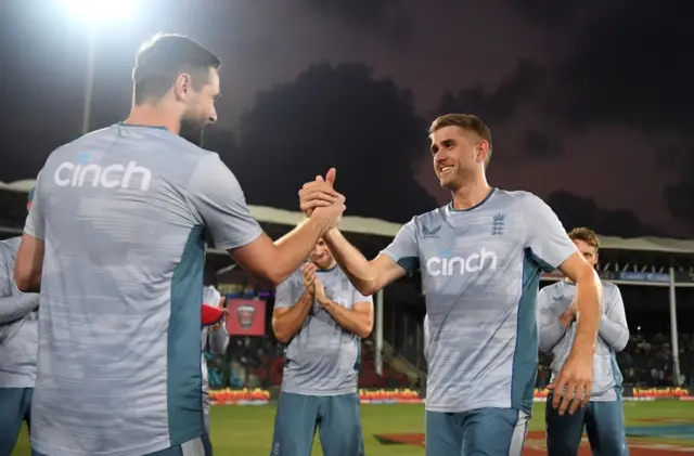 Olly Stone getting his first T20 cap from Chris Woakes