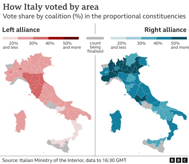 Italian election map with breakdown of left v right votes by area