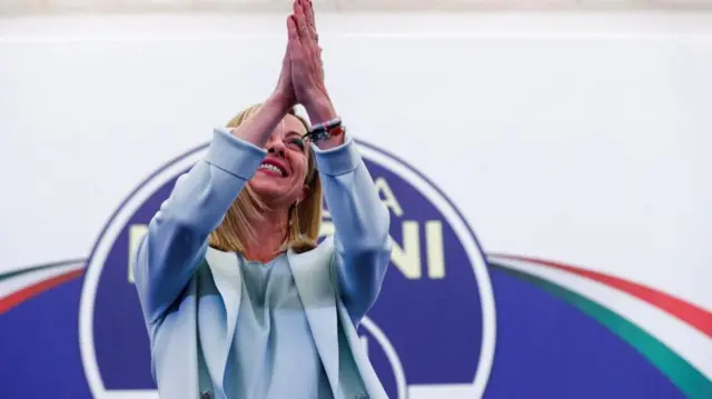 Leader of Brothers of Italy Giorgia Meloni gestures at the party's election night headquarters, in Rome, Italy September 26, 2022