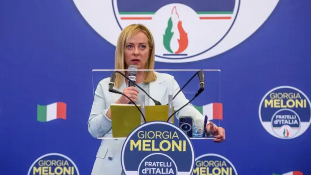 Giorgia Meloni, leader of the Fratelli d'Italia (Brothers of Italy) speaks at a press conference at the party electoral headquarters overnight, on September 26, 2022