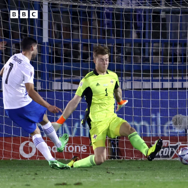 Greece's Giorgos Masouras scoring past Northern Irelands Bailey Peacock-Farrell