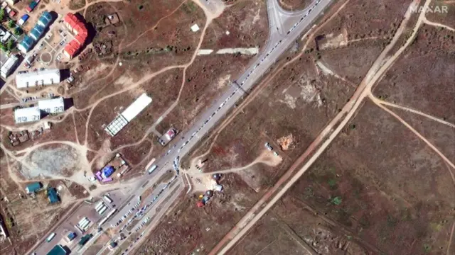 A satellite image shows traffic at the Khyagt border post on Russia's border with Mongolia, September 23, 2022