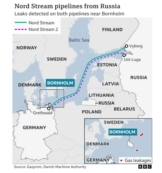 Map showing the two pipelines and the location of the leaks