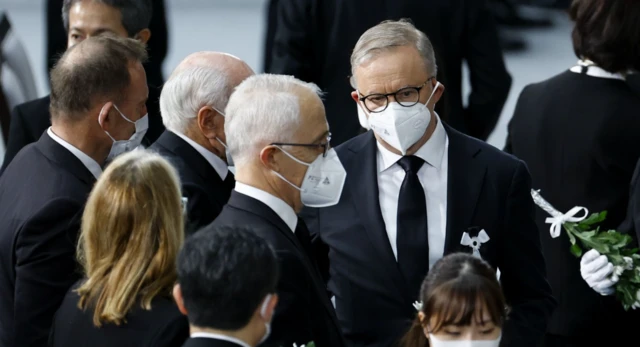 Australian Prime Minister Anthony Albanese (right) with three former Australian PMs (L-R) Tony Abbott, John Howard and Malcolm Turnbull