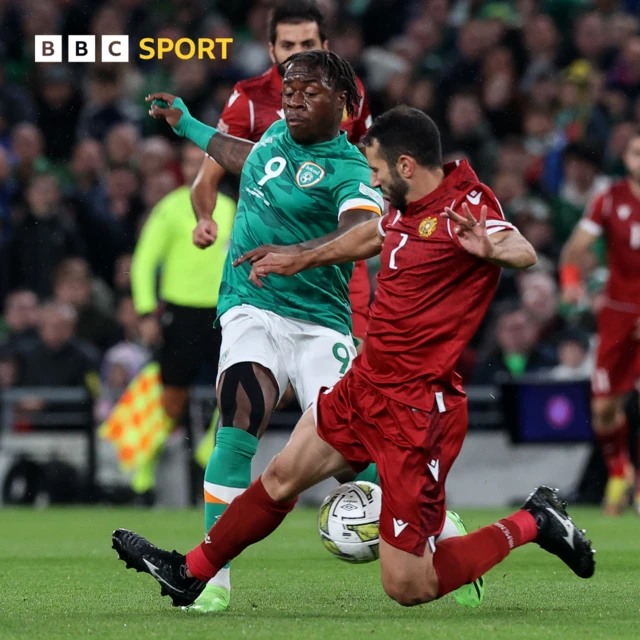 Republic of Ireland's Michael Obafemi with Andre Calisir of Armenia