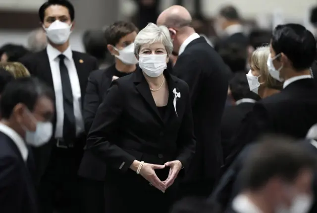 Theresa May, former prime minister of the United Kingdom, arrives for the state funeral for Japan's former prime minister Shinzo Abe on September 27, 2022 at the Budokan in Tokyo, Japan.