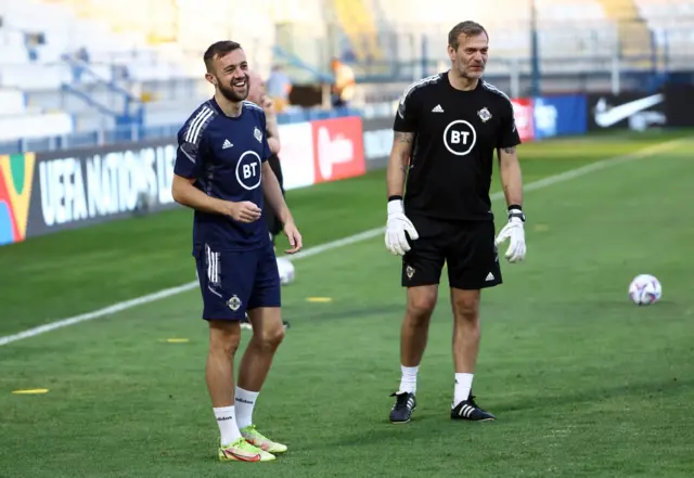 Conor McMenamin (left) is all smiles as he trains in Athens ahead on tonight;s match