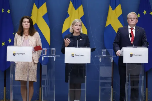 Foreign Minister of Sweden Ann Linde, Prime Minister of Sweden Magdalena Andersson, and Defence Minister of Sweden Peter Hultqvist speak to the press about gas leaks on the Nord Stream gas pipelines in the Baltic Sea, in Stockholm, Sweden, on 27 September 2022