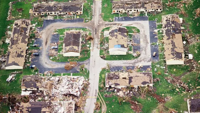 Aerial photo of destroyed Florida neighbourhood after Hurricane Andrew