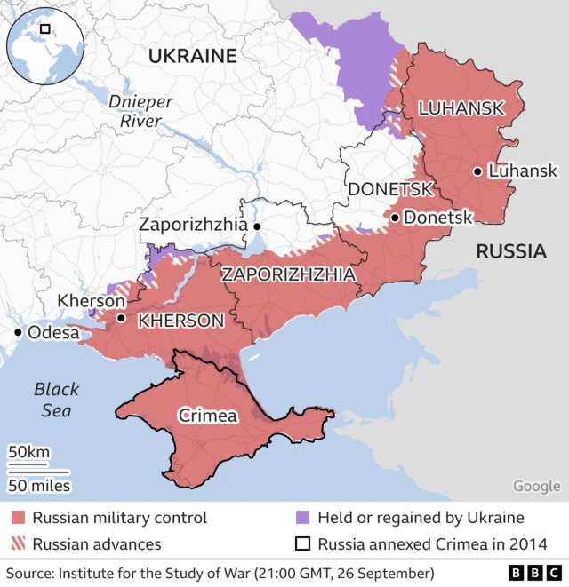 BBC graphic showing the areas held by Russian forces and the four regions where votes have been held