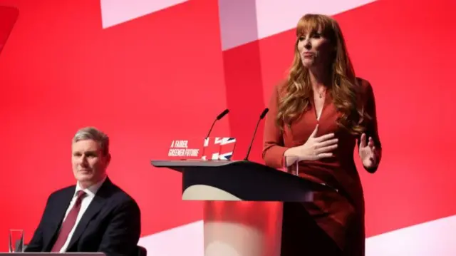 British deputy leader of the Labour Party Angela Rayner speaks at the Labour Party conference on Wednesday