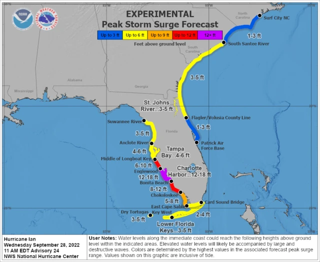 A map showing the forecasted impact of Hurricane Ian