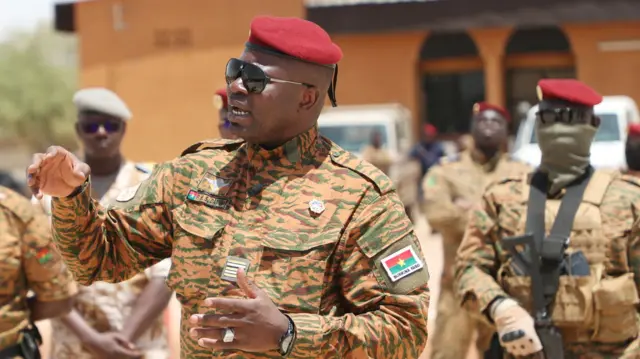 Burkina Faso President Lieutenant Colonel Paul-Henri Damiba addresses his soldiers to motivate them,