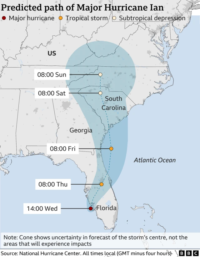 Map showing Hurricane Ian hitting Florida's coast on 14:00 Wednesday before making its way up.