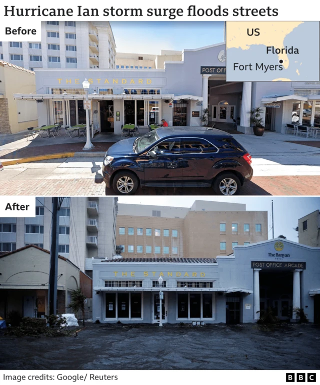 Pictures taken in Fort Myers showing two identical scenes before and after the storm. The second picture shows flooding outsode the Post Office arcade