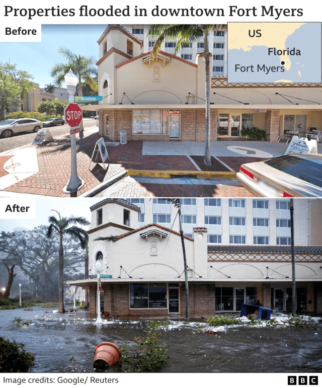 Pictures show before and after the hurricane hit with properties flooded in downtown Fort Myers