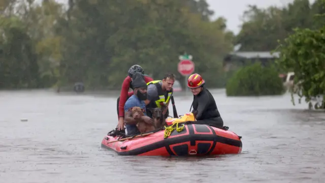 A raft rescuing people and pets