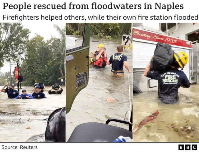 Pictures showing firefighters rescuing others from floodwaters in Naples while their fire station flooded