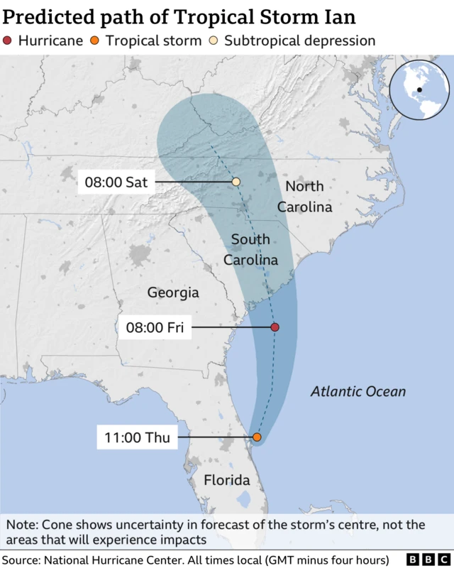 Map showing the predicted path of Storm Ian as it's set to become a hurricane again as it heads towards South Carolina