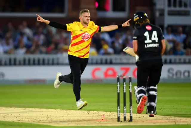 Sam Cook celebrates bowling Tom Lammonby in The Hundred final