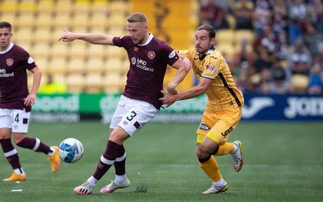 Livingston’s Scott Pitman (right) and Hearts’ Stephen Kingsley (left)