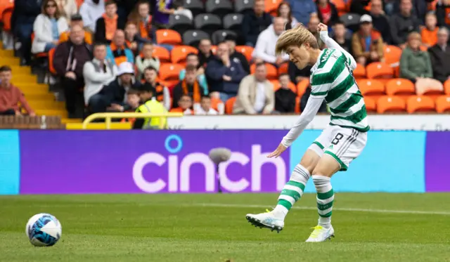 Kyogo Furuhashi fires Celtic in front at Tannadice last week