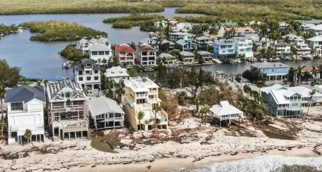 An aerial photo made with a drone shows the damage caused to properties in the wake of Hurricane Ian in Bonita Shores, Florida