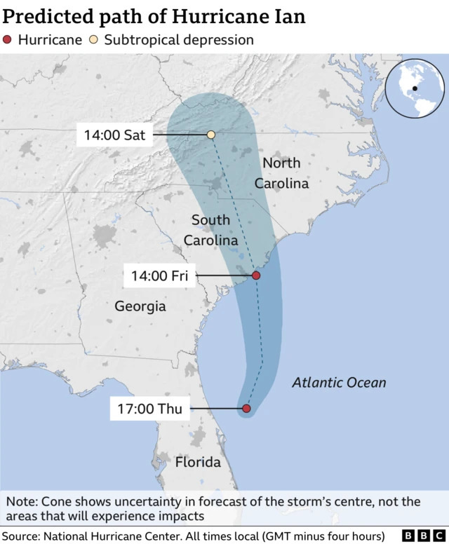 Map showing predicted path of Hurricane Ian