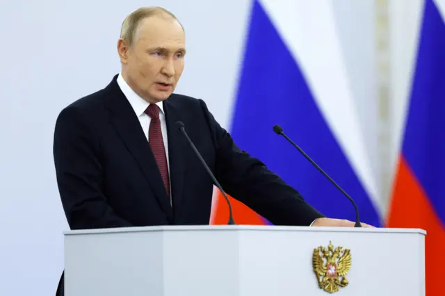 Russian President Vladimir Putin attends a ceremony to declare the annexation of four Ukrainian territories