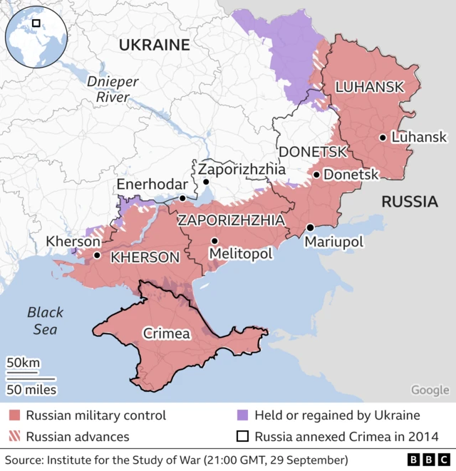 Map showing areas of Ukraine occupied by Russia