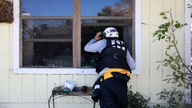 Official peering through a window of a home