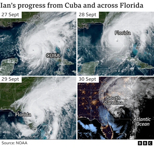 Satellite images showing Ian's progress from Cuba across Florida