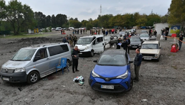 Cars destroyed by a Russian missile strike