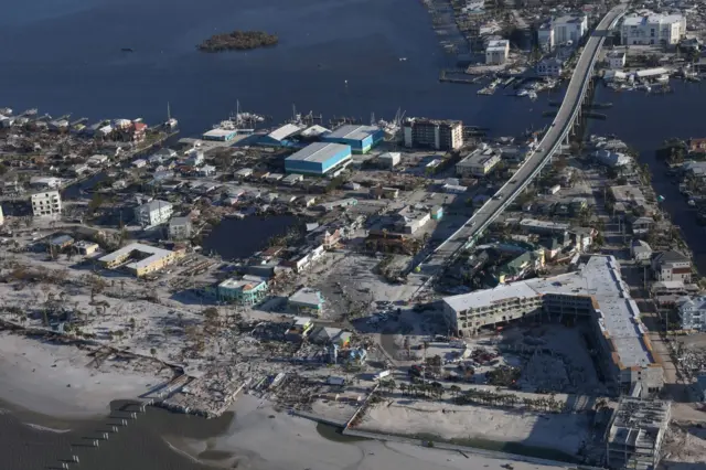 An aerial view of damaged properties after Hurricane Ian caused widespread destruction, in Fort Myers Beach