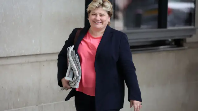 Emily Thornberry arriving at the BBC, carrying the Sunday papers