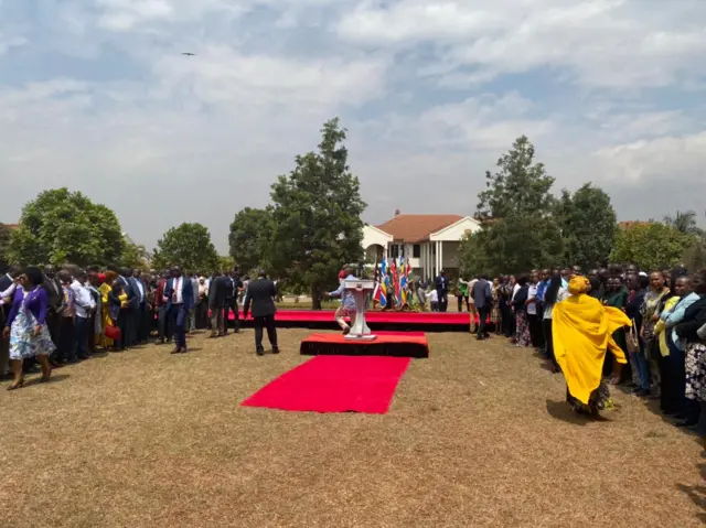 Red carpet and a podium