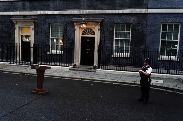 A lectern is placed outside 10 Downing Street, London, ahead of the departure of outgoing Prime Minister Boris Johnson on 6 September 2022