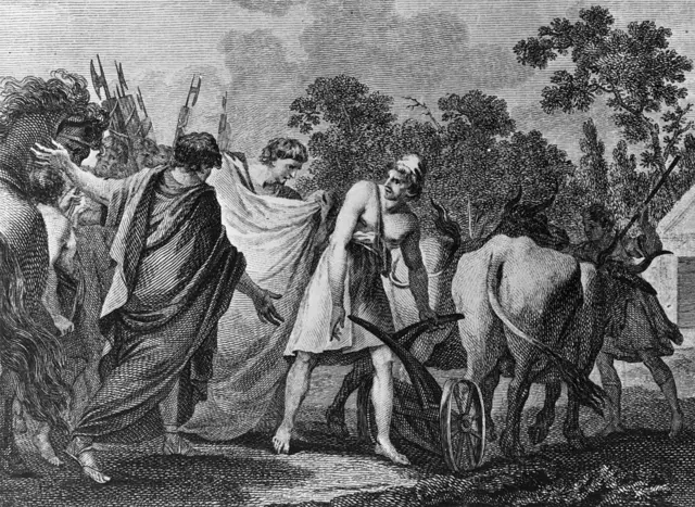 Engraving shows Cicinnatus being informed of his new post as dictator of Rome while ploughing