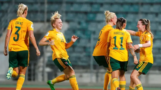 Wales celebrate Carrie Jones' goal in Greece