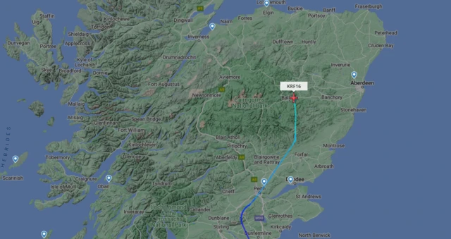 Map showing plane carrying Liz Truss over the Highlands of Scotland