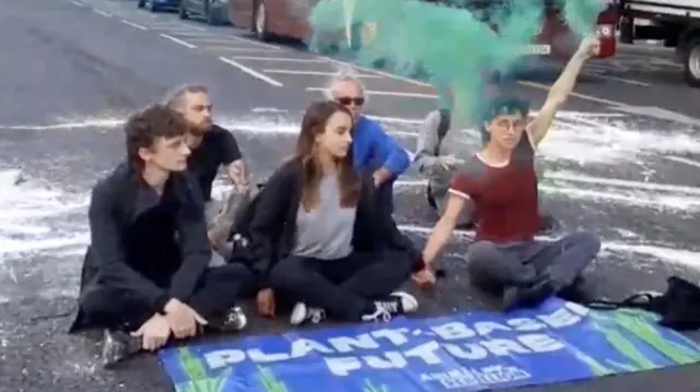 Animal Rebellion activists protest against conventional farming and fishing, outside the Houses of Parliament in this screen grab taken from a video on 7 September 2022