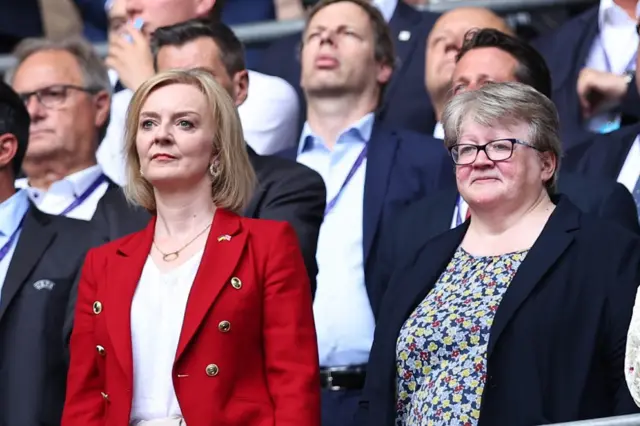 Liz Truss and Thérèse Coffey in the stands at the final of the Women's Euro 2022 in London