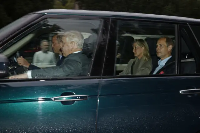 Prince William, Duke of Cambridge, Prince Andrew, Duke of York, Sophie, Countess of Wessex and Edward, Earl of Wessex arrive to see Queen Elizabeth at Balmoral Castle